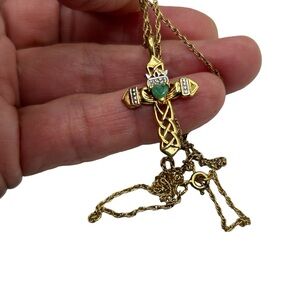 Sterling Vermeil Emerald Diamond Celtic Cross Pendant Necklace